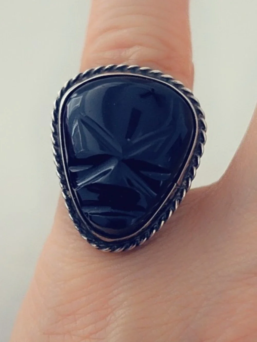 Estate Carved Onyx Gemstone Ring Sterling Silver 925